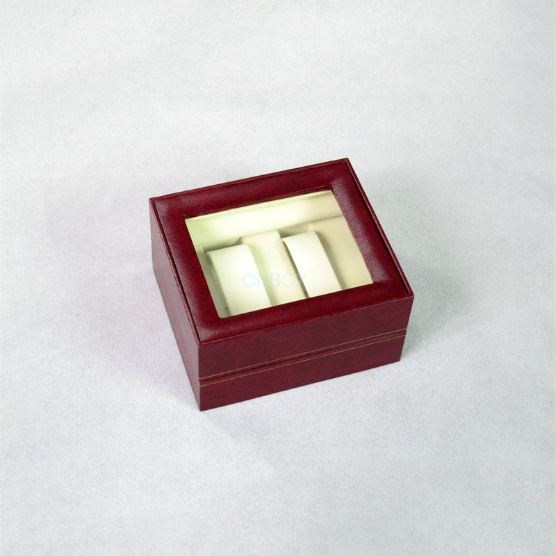 Red Leatherette Watch Box with Transparent Window - Double Watch Storage & Custom Logo