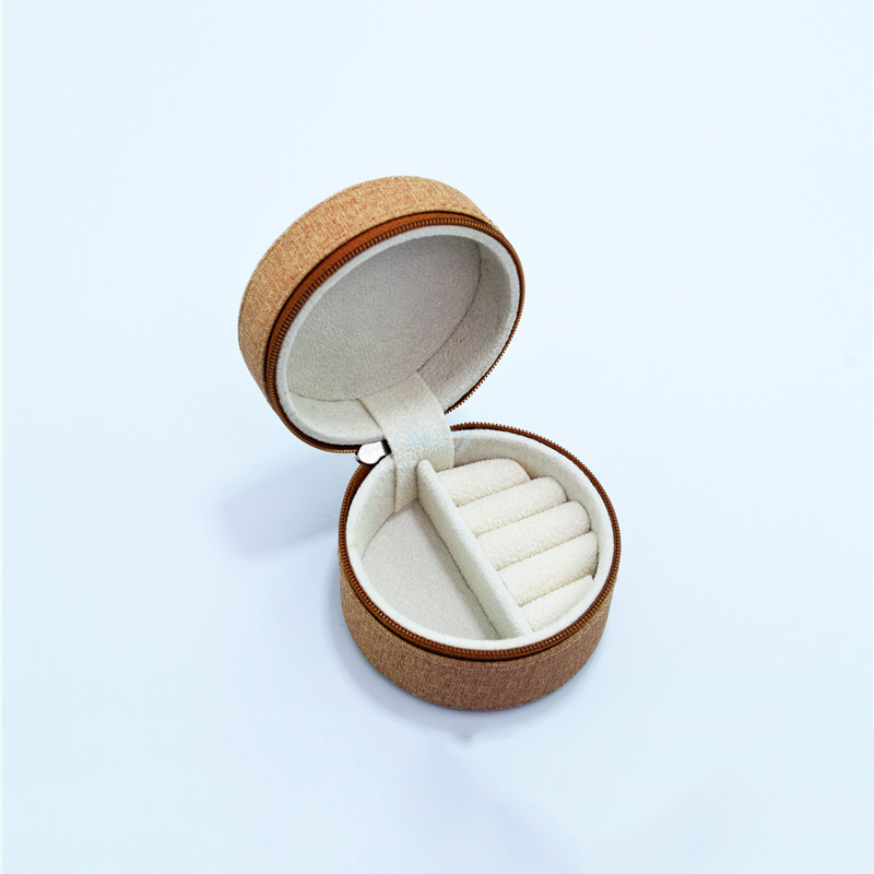Luxury Brown PU Zipper Jewelry Box - Custom Round Jewelry Organizer for Travel & Gifting
