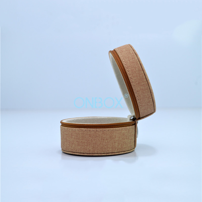 Luxury Brown PU Zipper Jewelry Box - Custom Round Jewelry Organizer for Travel & Gifting