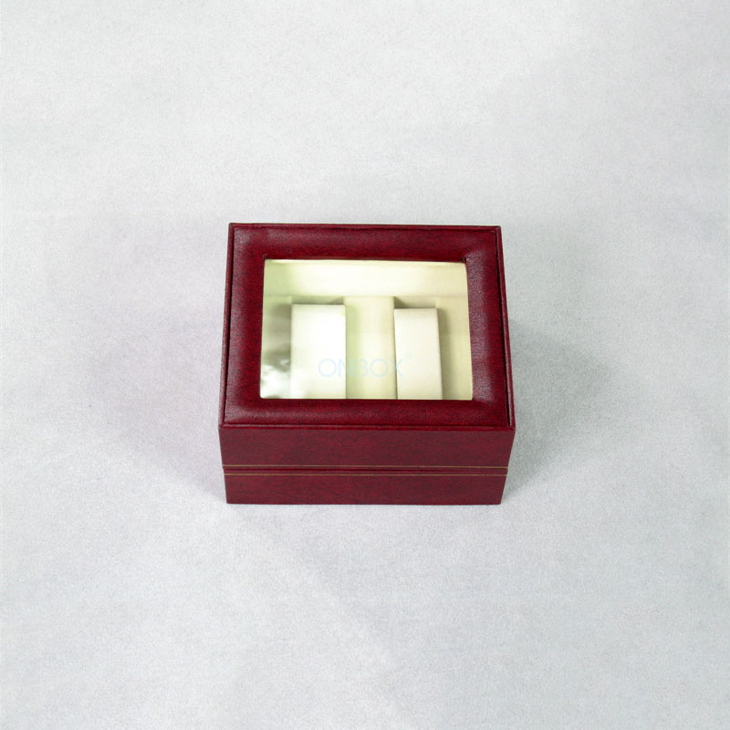 Red Leatherette Watch Box with Transparent Window - Double Watch Storage & Custom Logo