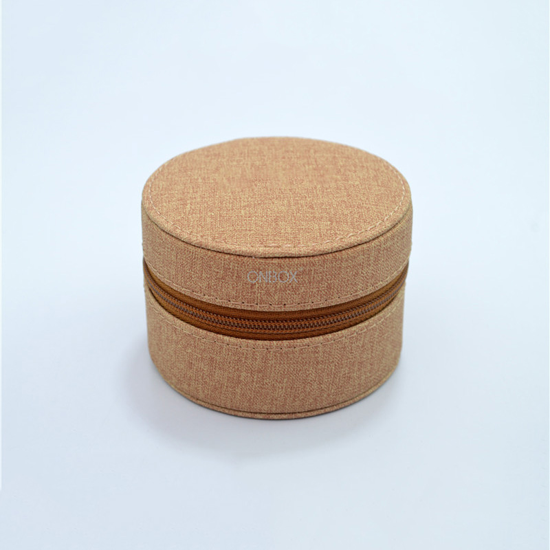 Luxury Brown PU Zipper Jewelry Box - Custom Round Jewelry Organizer for Travel & Gifting