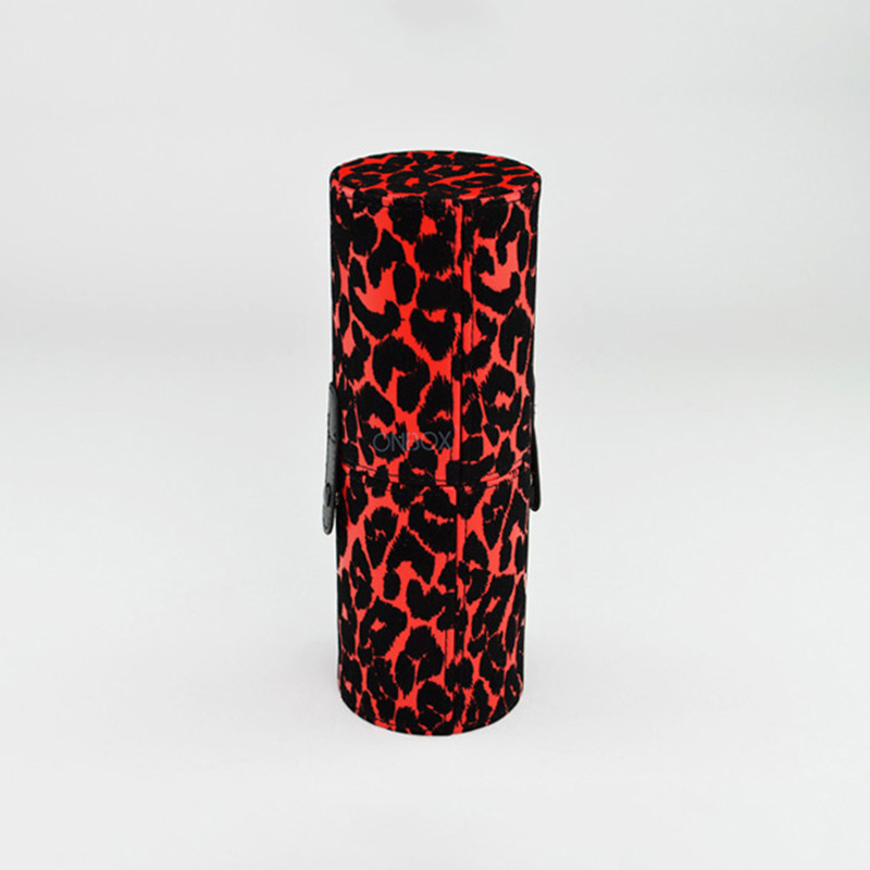 Bold Red & Black Leopard Print Cosmetic Tube Box - Custom PU Makeup Brush Storage Case