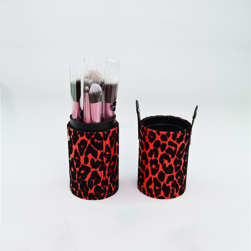 Bold Red & Black Leopard Print Cosmetic Tube Box - Custom PU Makeup Brush Storage Case