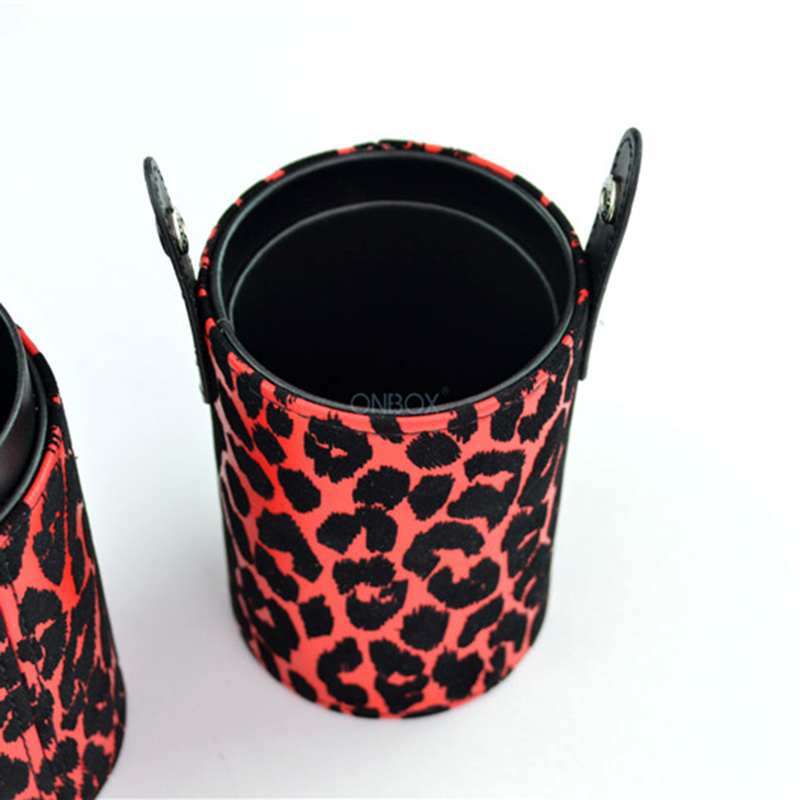 Bold Red & Black Leopard Print Cosmetic Tube Box - Custom PU Makeup Brush Storage Case