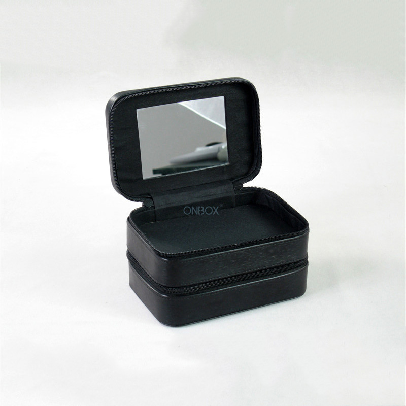 Sleek Black Brushed-Leather Jewelry Case - Multi-Layer Zippered Jewelry Storage Box with Mirror