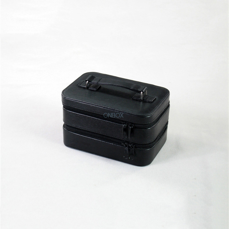Sleek Black Brushed-Leather Jewelry Case - Multi-Layer Zippered Jewelry Storage Box with Mirror