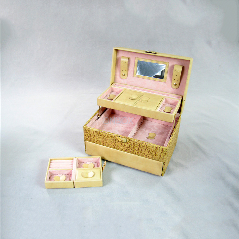 Luxury Brown Crocodile-Print PU Jewelry Case - Multi-Tiered Jewelry Storage Box with Mirror