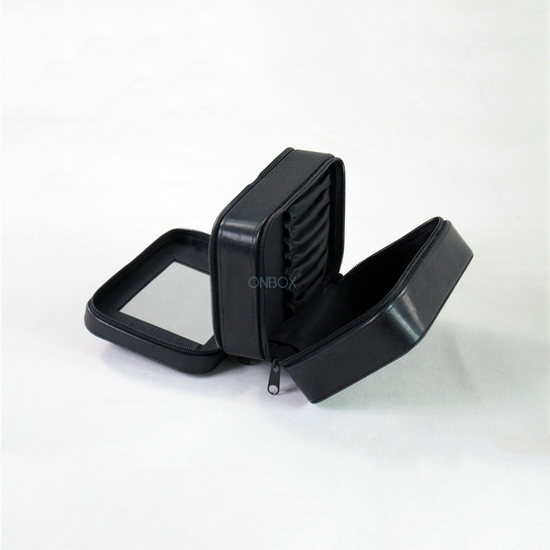 Sleek Black Brushed-Leather Jewelry Case - Multi-Layer Zippered Jewelry Storage Box with Mirror