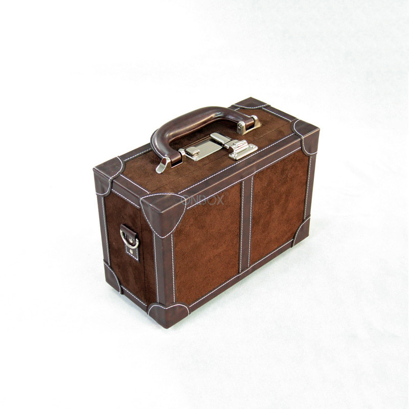Brown Faux Suede Travel Suitcase Box - Customizable Luxury Storage with Lock & Handle