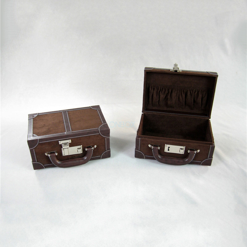 Brown Faux Suede Travel Suitcase Box - Customizable Luxury Storage with Lock & Handle