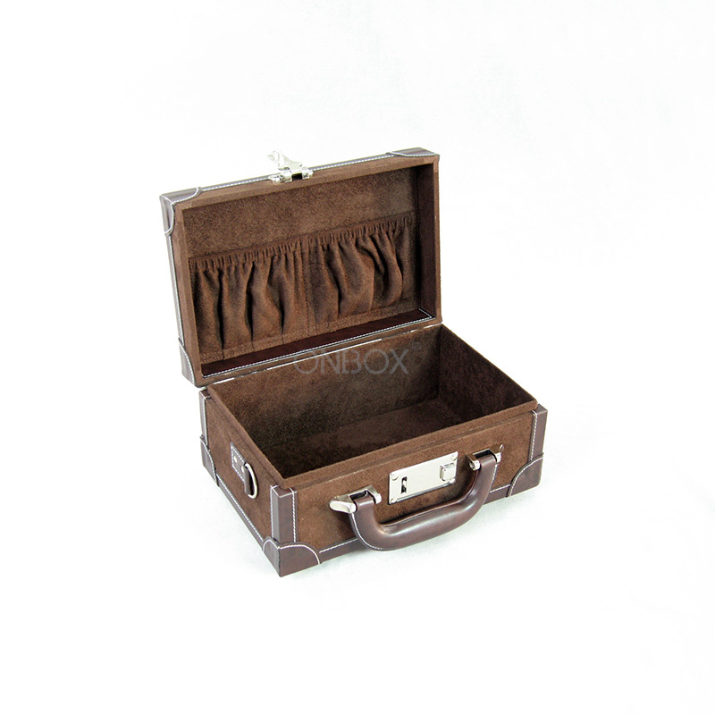 Brown Faux Suede Travel Suitcase Box - Customizable Luxury Storage with Lock & Handle