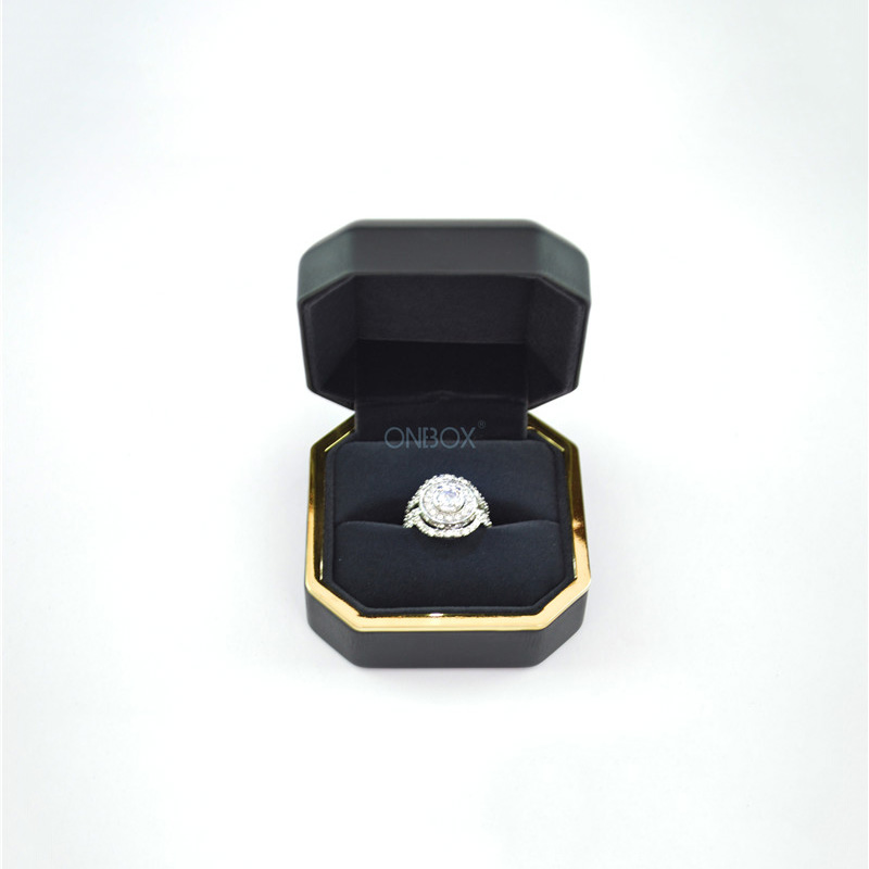 Black Brushed PU Leather Octagonal LED Ring Box - Luxury Proposal & Jewelry Display Case