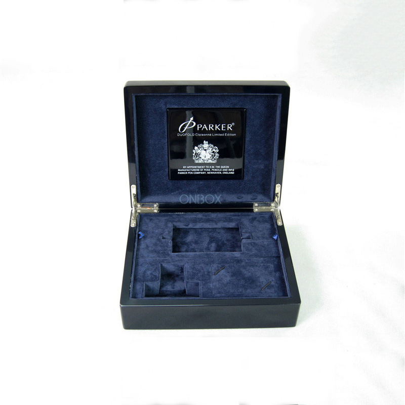 High-Gloss Black Branded Pen Box - Luxury Suede-Lined Storage for Premium Writing Instruments