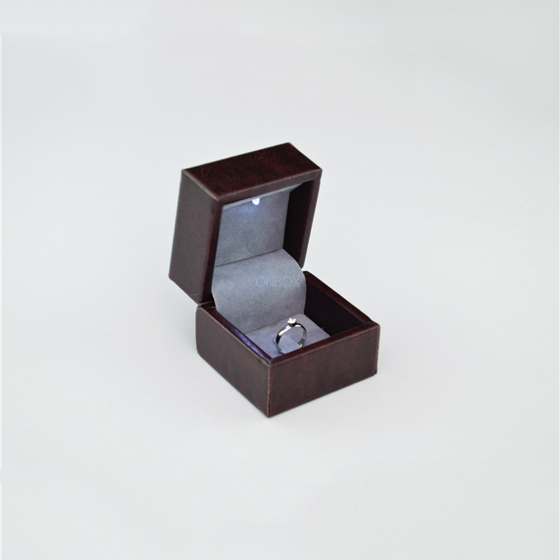 Burgundy PU Leather LED Ring Box - Compact Proposal & Jewelry Display Case
