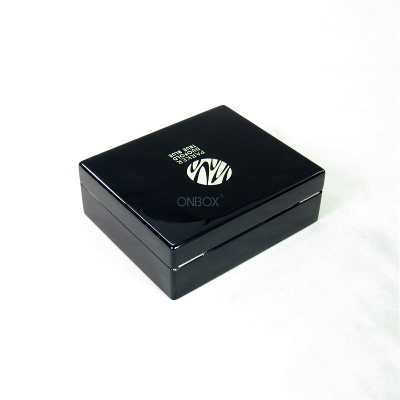 High-Gloss Black Branded Pen Box - Luxury Suede-Lined Storage for Premium Writing Instruments